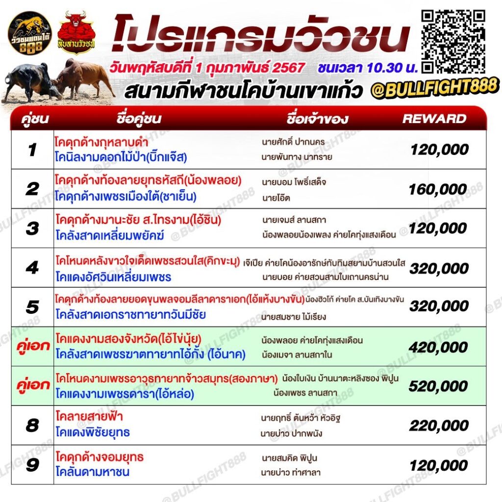 โปรแกรมวัวชน สนามกีฬาชนโคบ้านเขาแก้ว วันที่ 1 ก.พ. 67