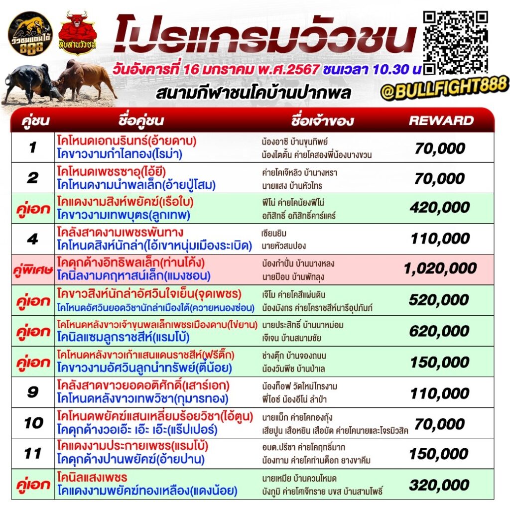 โปรแกรมวัวชน สนามกีฬาชนโคบ้านปากพล วันที่ 16 ม.ค. 67