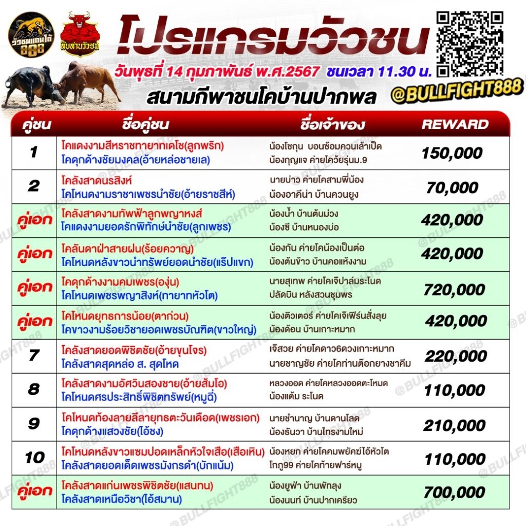 โปรแกรมวัวชน สนามกีพาชนโคบ้านปากพล วันที่ 14 ก.พ. 67