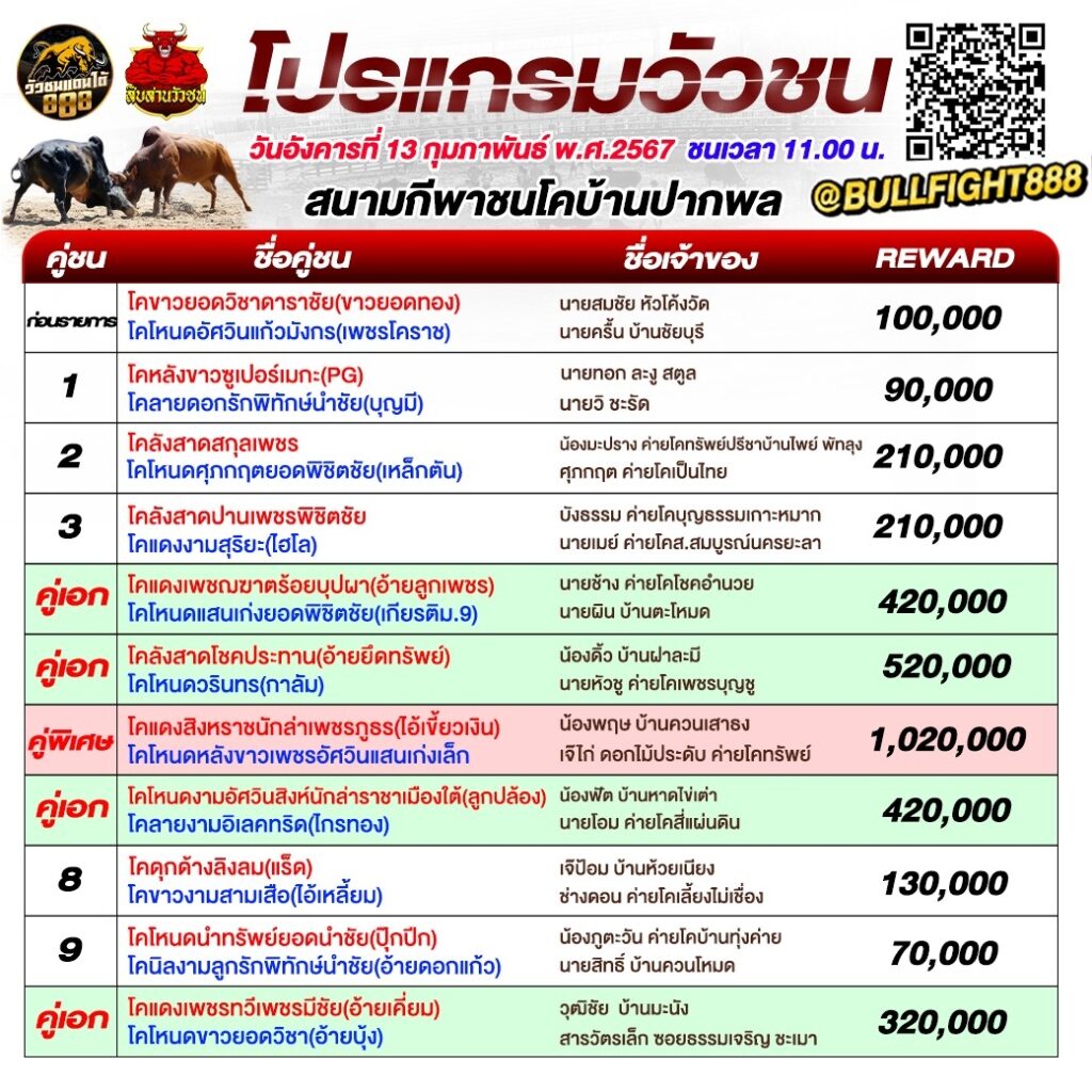 โปรแกรมวัวชน สนามกีพาชนโคบ้านปากพล วันที่ 13 ก.พ. 67