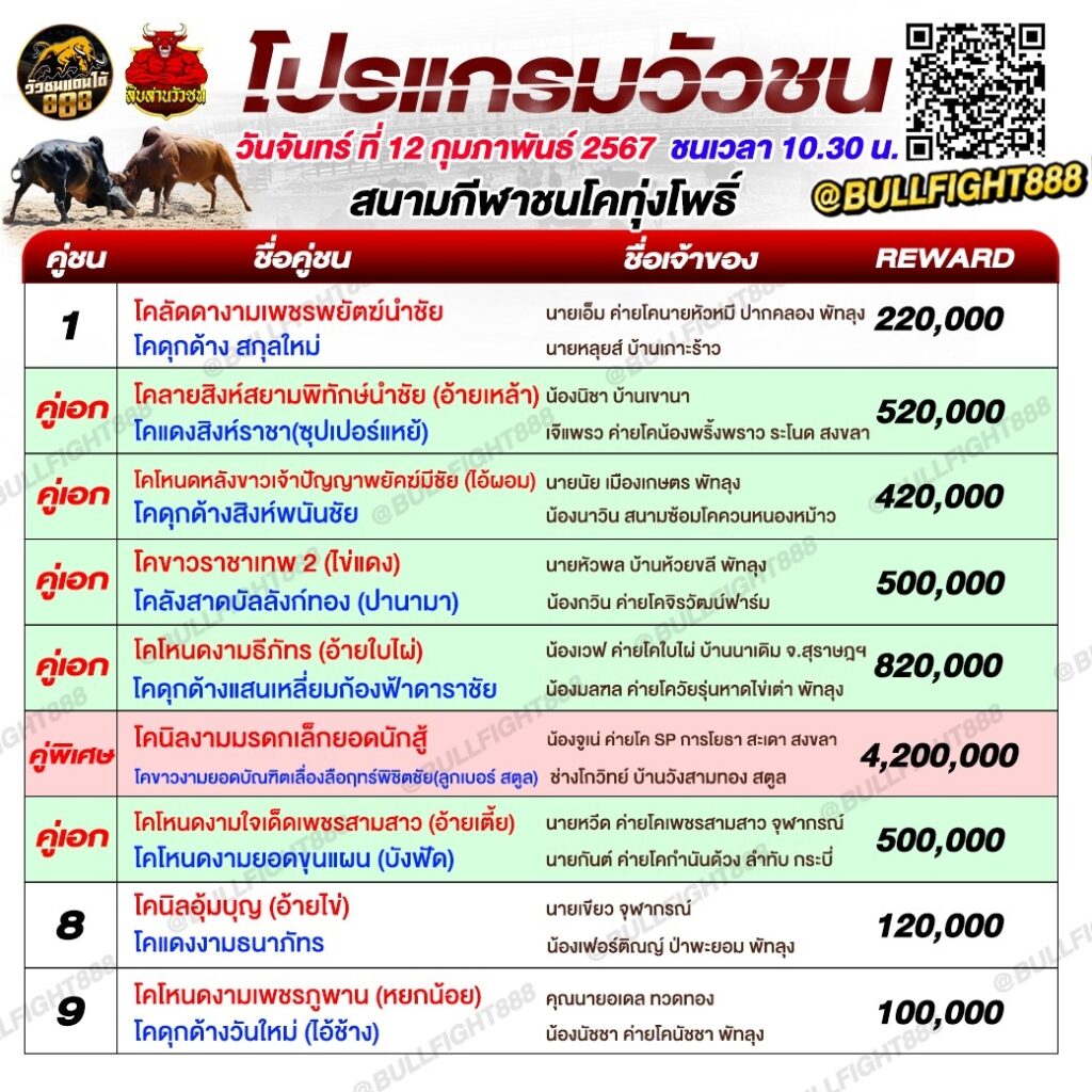 โปรแกรมวัวชน สนามกีฬาชนโคทุ่งโพธิ์ วันที่ 12 ก.พ. 67