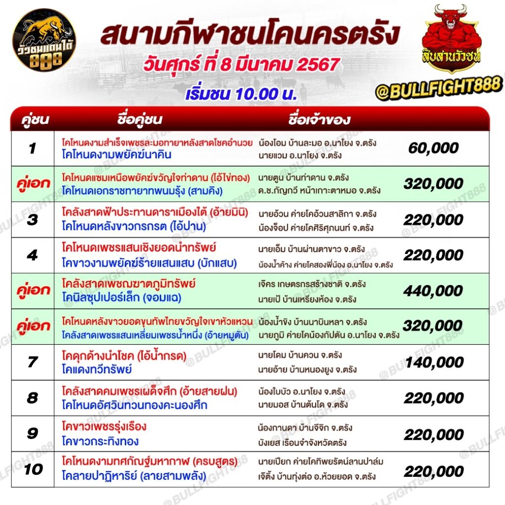 โปรแกรมวัวชน สนามกีฬาชนโคนครตรัง วันที่ 08 มี.ค. 67