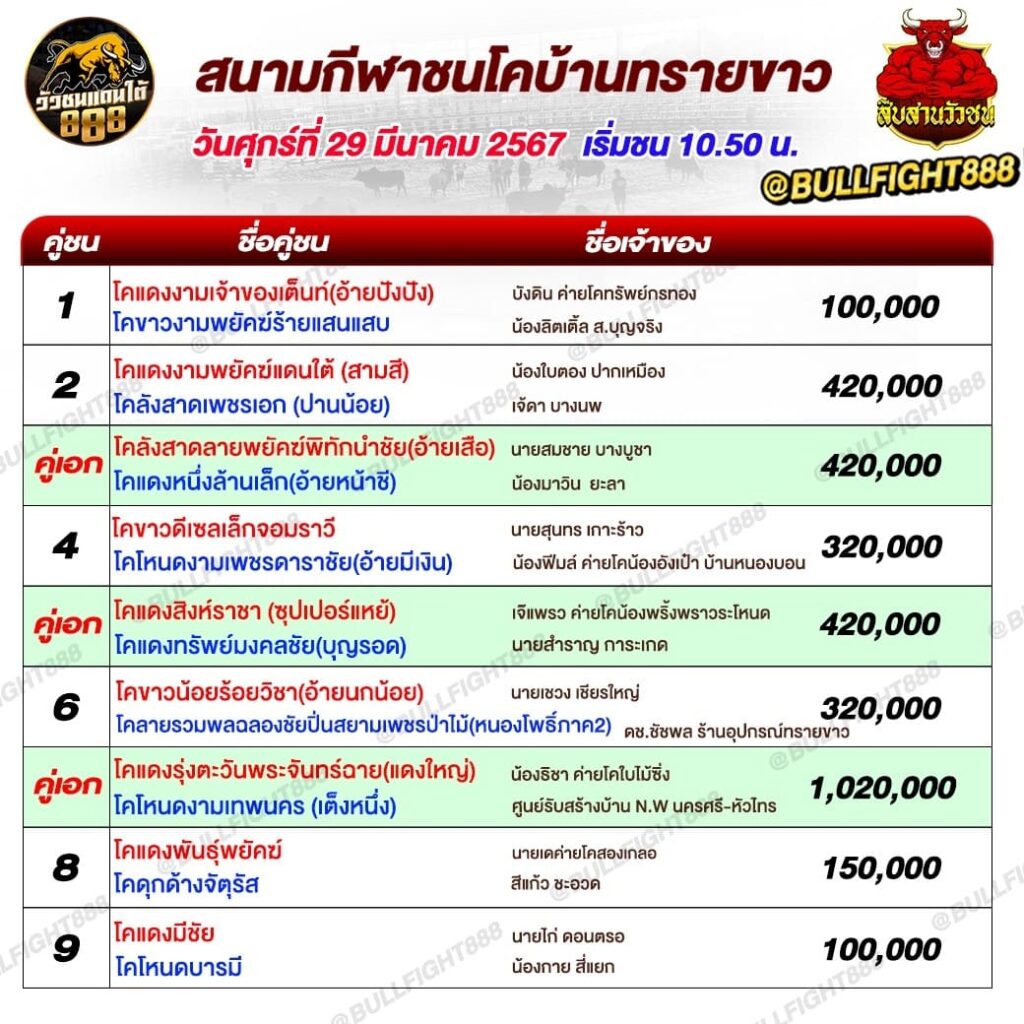 โปรแกรมวัวชน สนามกีฬาชนโคบ้านทรายขาว วันที่ 29 มี.ค. 67