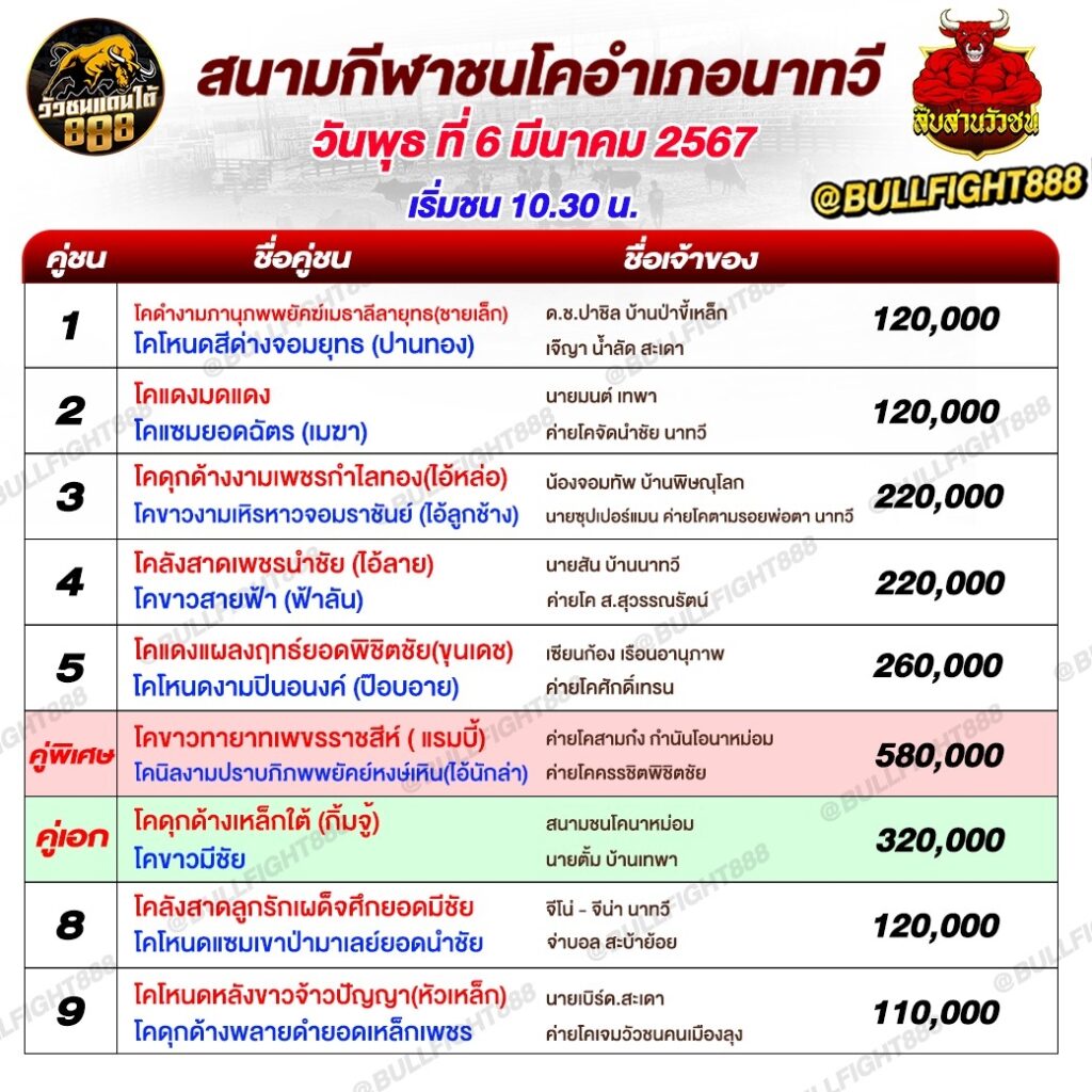 โปรแกรมวัวชน สนามกีฬาชนโคอำเภอนาทวีวันที่ 06 มี.ค. 67