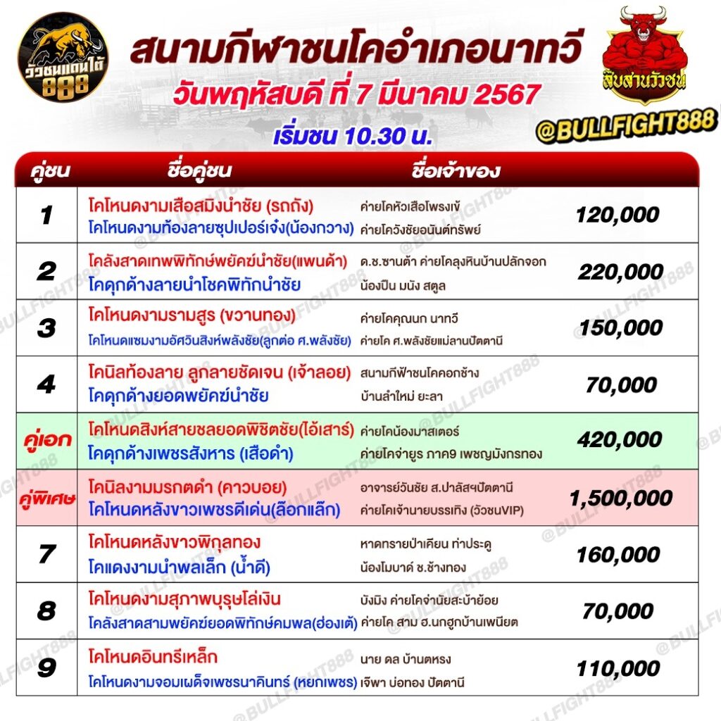 โปรแกรมวัวชน สนามกีฬาชนโคอำเภอนาทวี วันที่ 07 มี.ค. 67