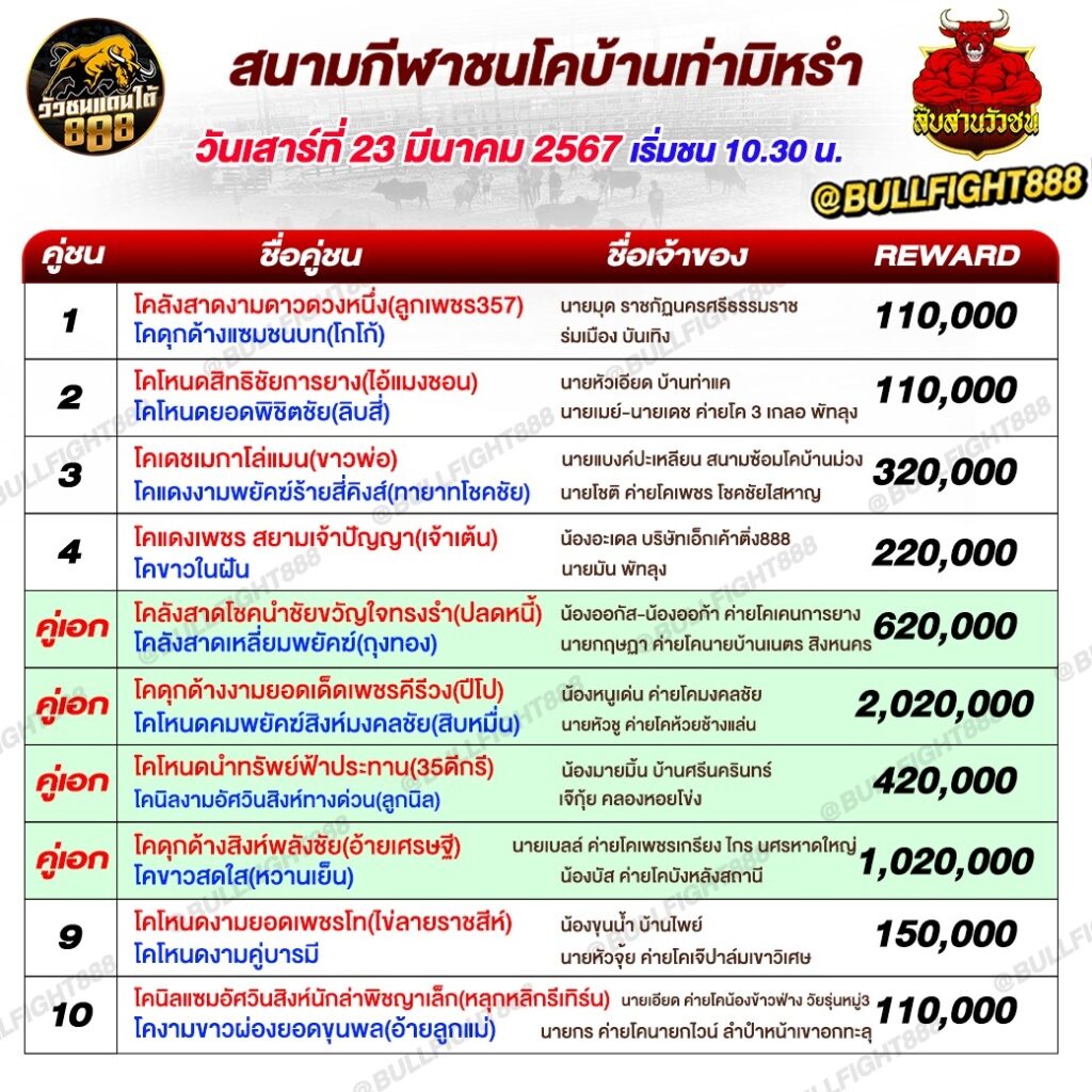 โปรแกรมวัวชน สนามกีฬาชนโคบ้านท่ามิหรำ วันที่ 23 มี.ค. 67