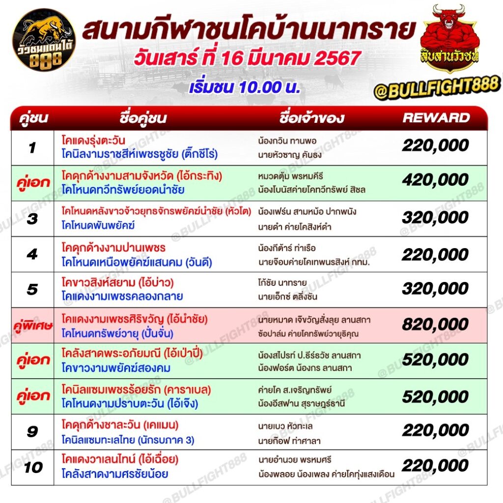 โปรแกรมวัวชน สนามกีฬาชนโคบ้านนาทราย วันที่ 16 มี.ค. 67