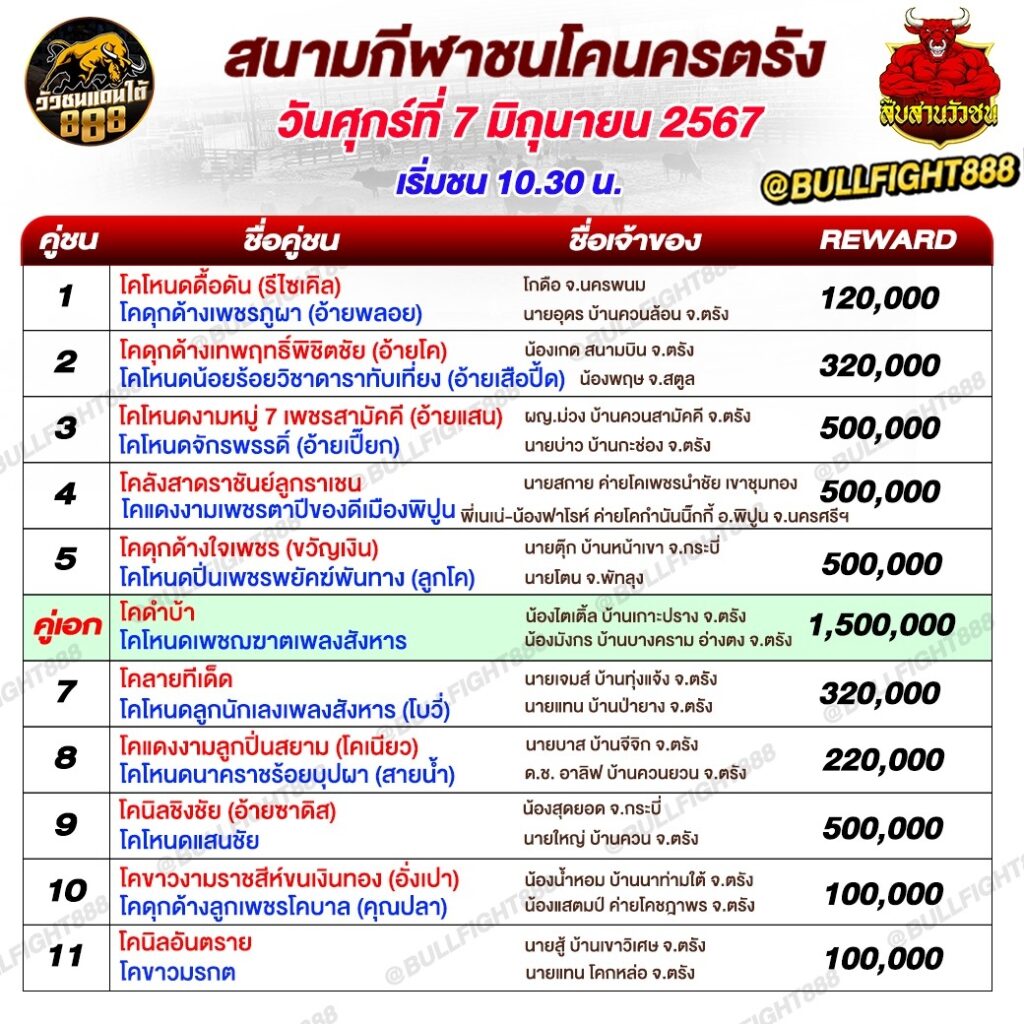 โปรแกรมวัวชน สนามกีฬาชนโคนครตรัง วันที่ 7 มิ.ย. 67