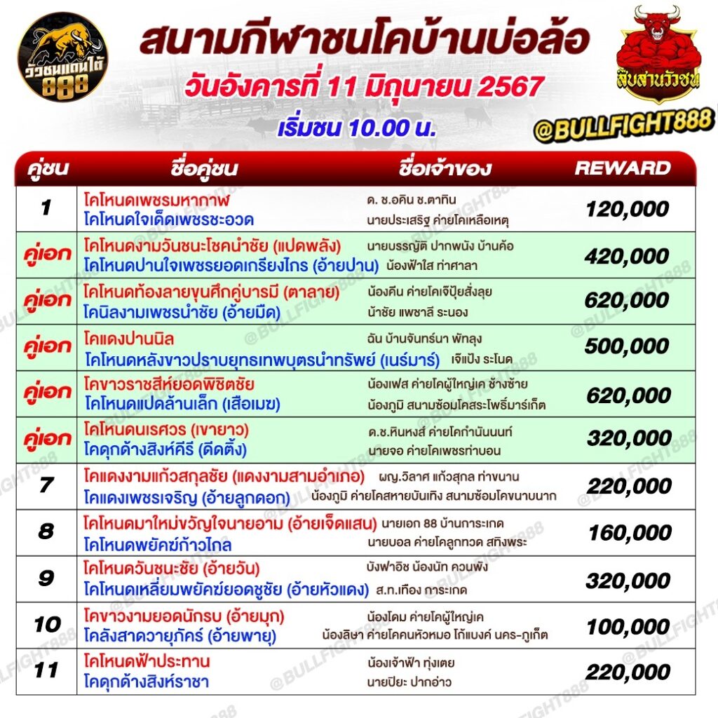 โปรแกรมวัวชน สนามกีฬาชนโคบ้านบ่อล้อ วันที่ 11 มิ.ย. 67