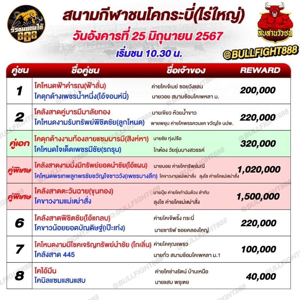 โปรแกรมวัวชน สนามกีฬาชนโคกระบี่(ไร่ใหญ่) วันที่ 25 มิ.ย. 67