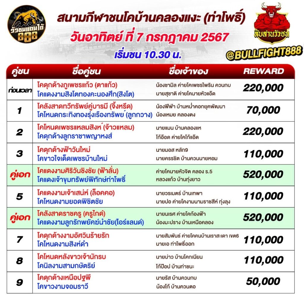 โปรแกรมวัวชน  สนามกีฬาชนโคบ้านคลองแงะ-ท่าโพธิ์ วันที่ 07 ก.ค. 67