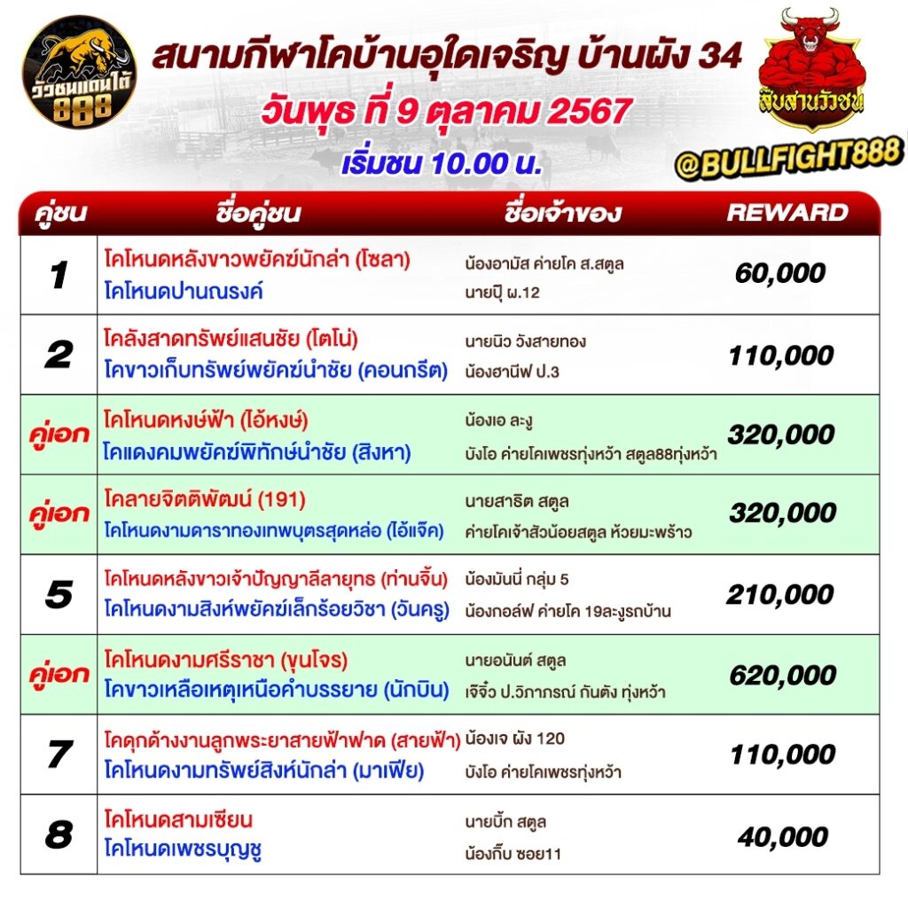 โปรแกรมวัวชน สนามกีฬาชนโคบ้านอุใดเจริญ บ้านผัง 34 วันที่ 9 ต.ค. 67