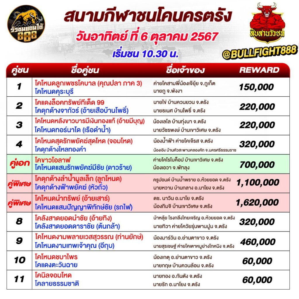 โปรแกรมวัวชน สนามกีฬาชนโคนครตรัง วันที่ 6 ต.ค. 67